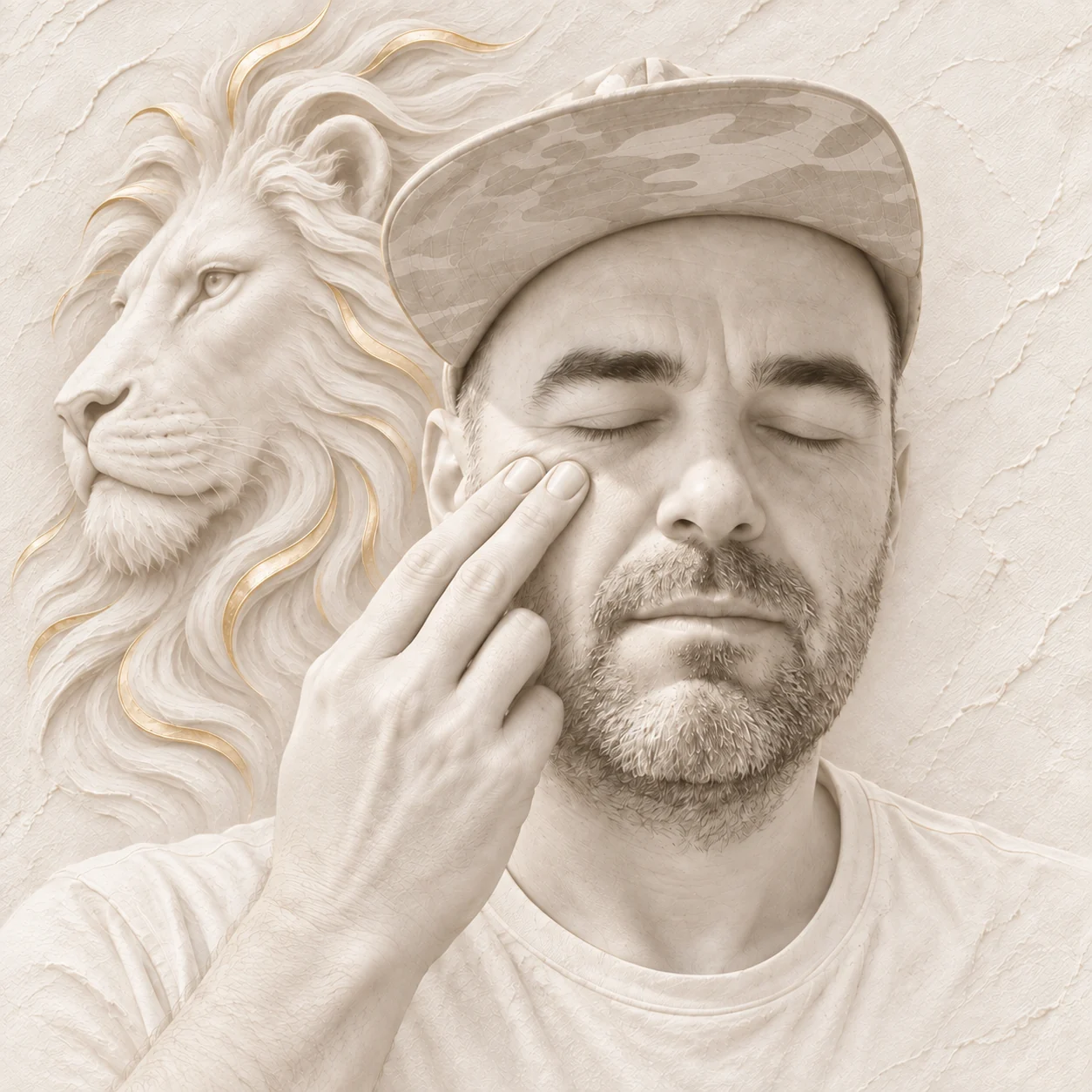 Ivory portrait of Aaron with eyes closed, tapping beneath one eye, with a lion relief beside him