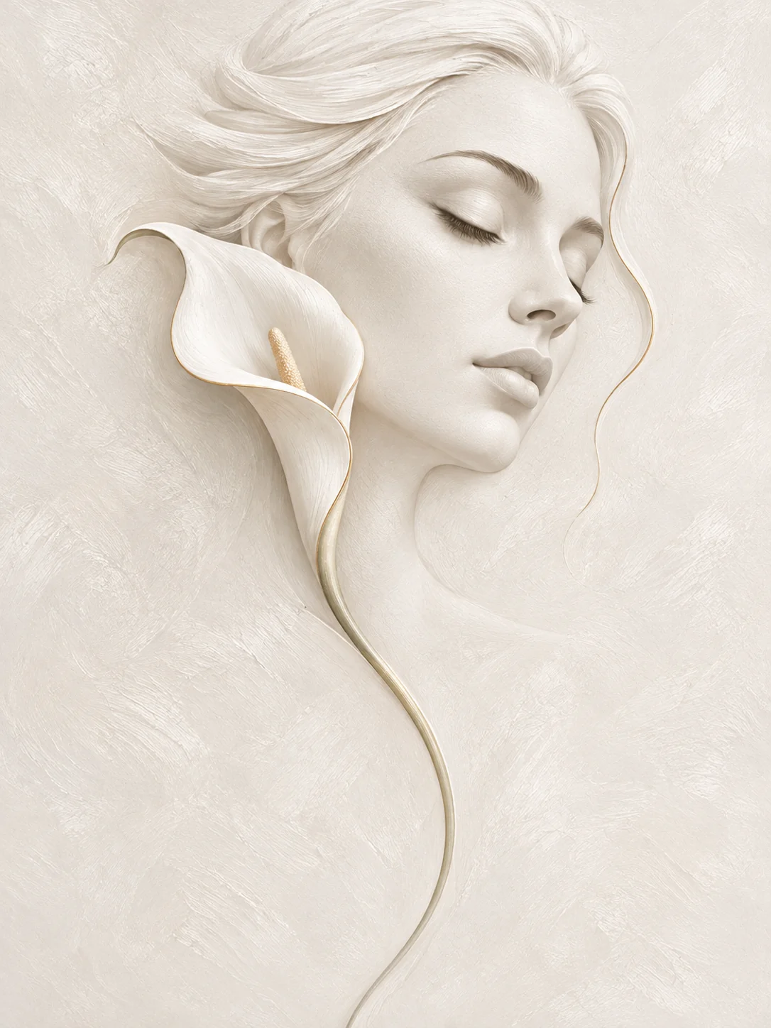 Original ivory bas-relief portrait beside a white calla lily with fine gold edging