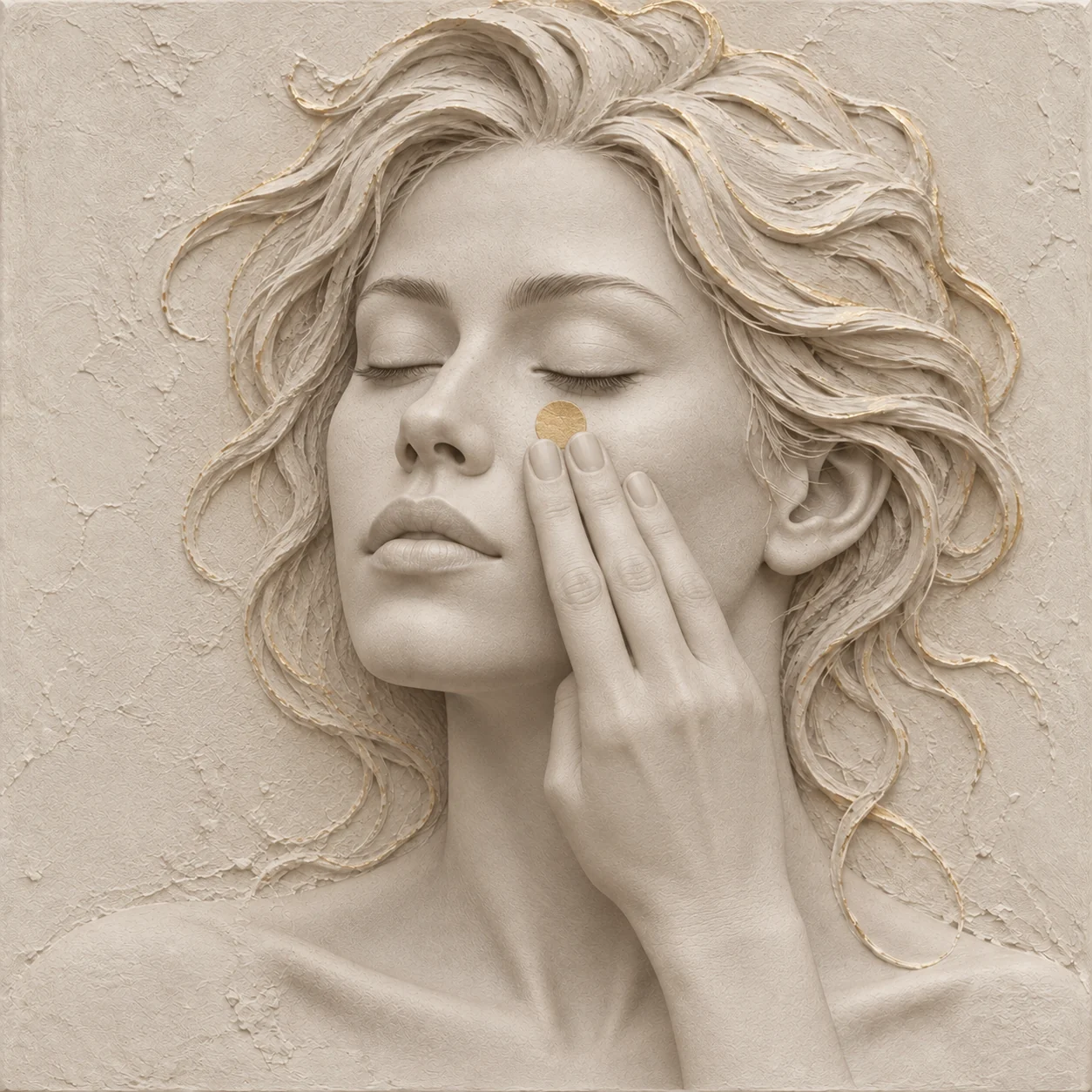 Ivory sculpture tapping the golden point under her eye with three middle fingers