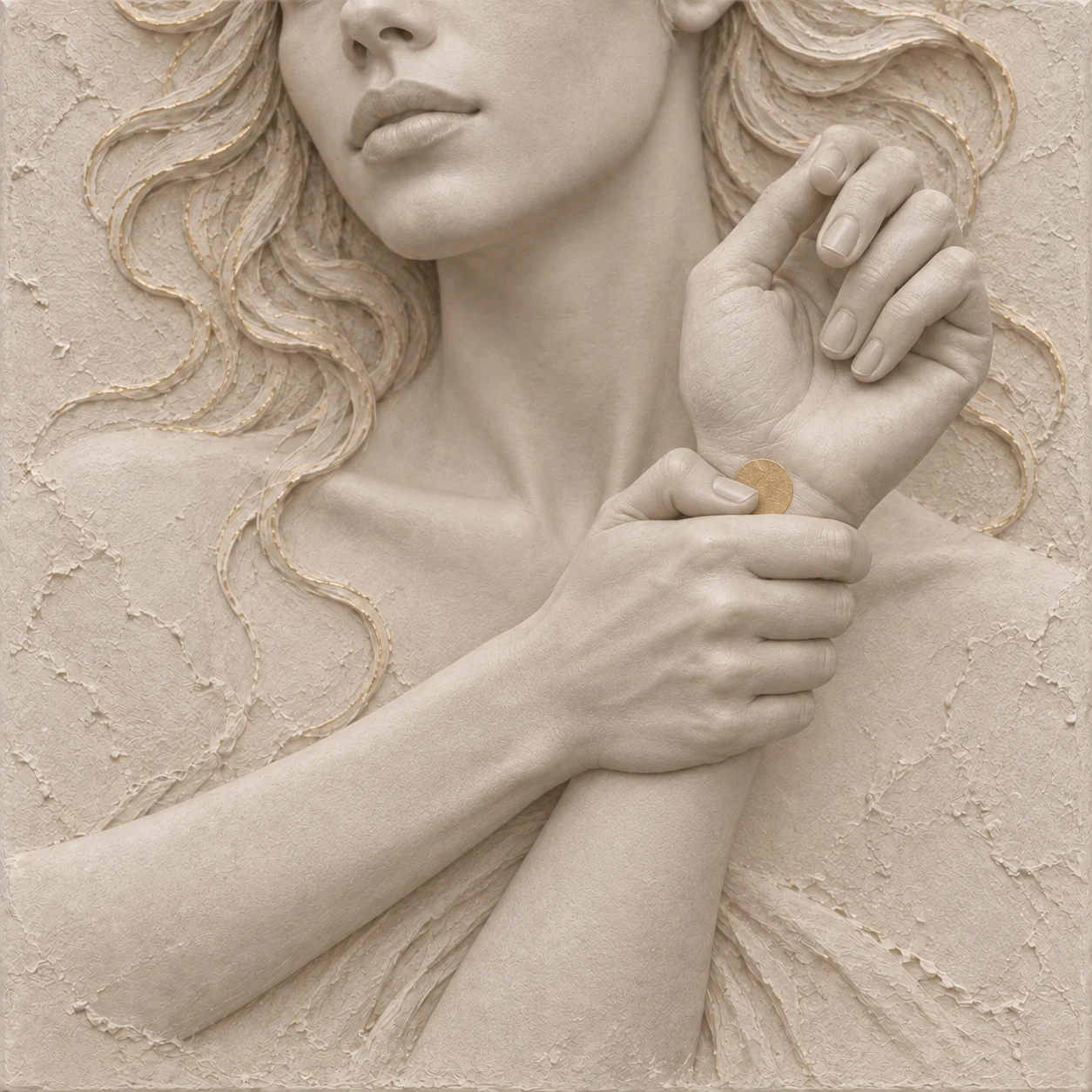Ivory sculpture gently squeezing the wrist at the golden point
